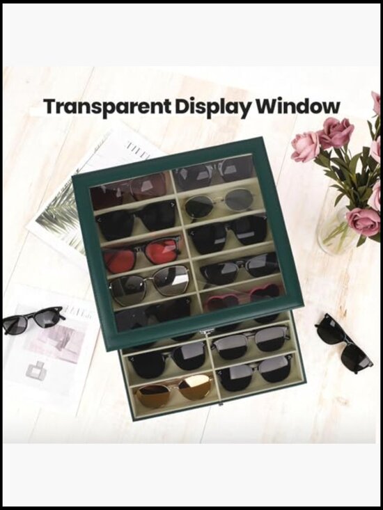 18-Slot Sunglasses Organizer Case PU Leather Eyeglass Display Box Storage